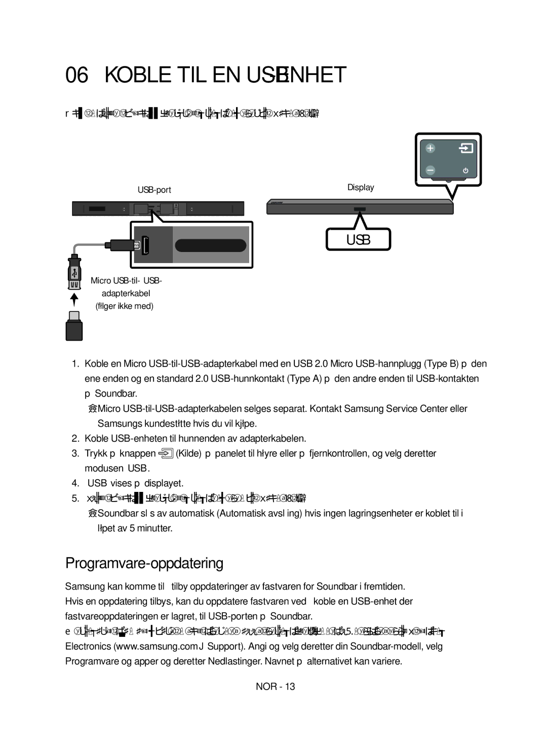 Samsung HW-M460/XE manual Koble til en USB-enhet, Programvare-oppdatering, Micro USB-til-USB Adapterkabel Følger ikke med 