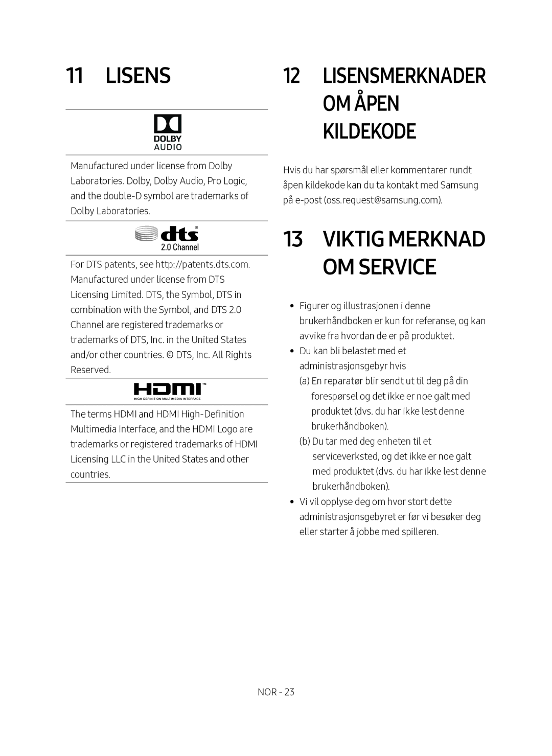 Samsung HW-M460/XE manual Lisens, Viktig merknad om service 