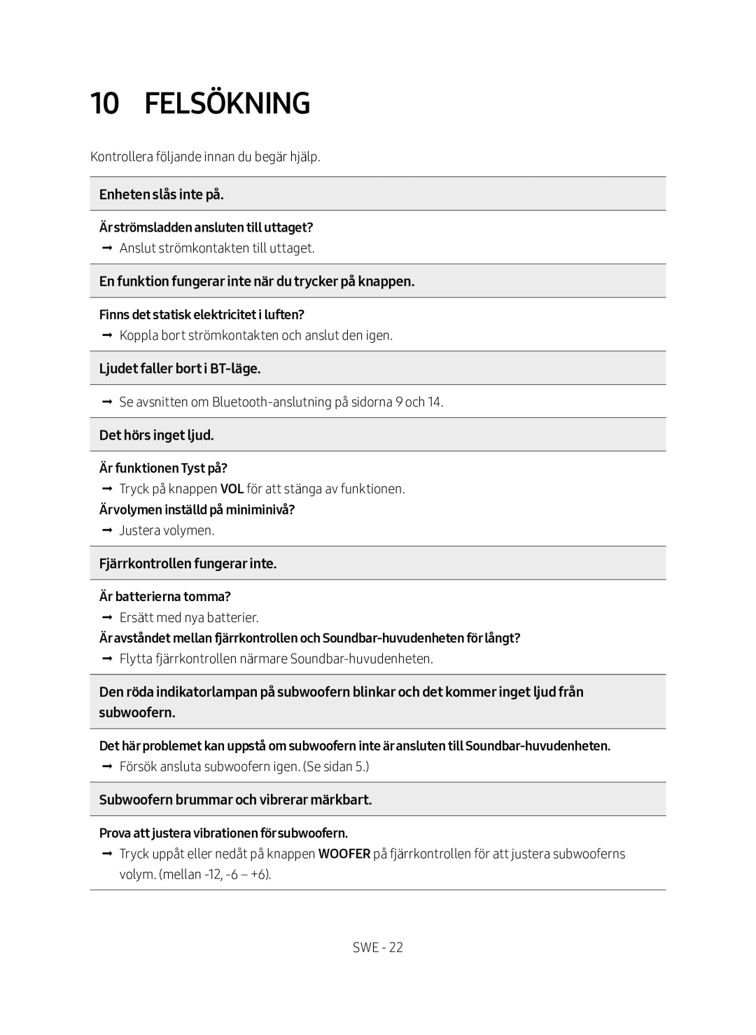 Samsung HW-M460/XE manual Felsökning 