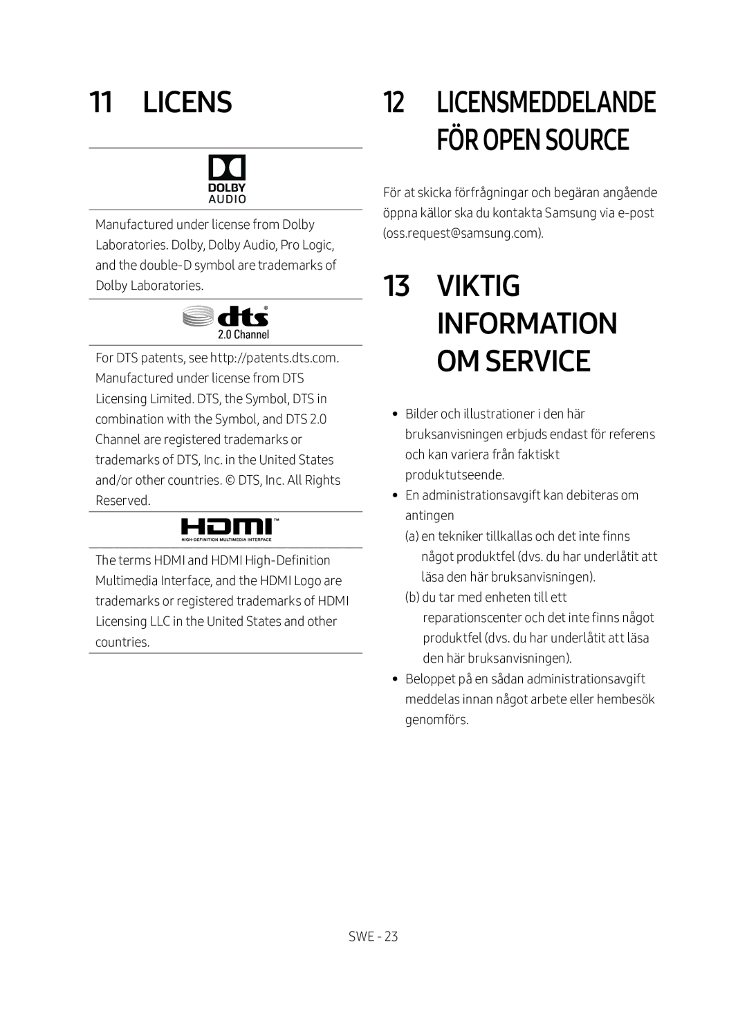 Samsung HW-M460/XE manual Viktig information om service, Licensmeddelande för open source 