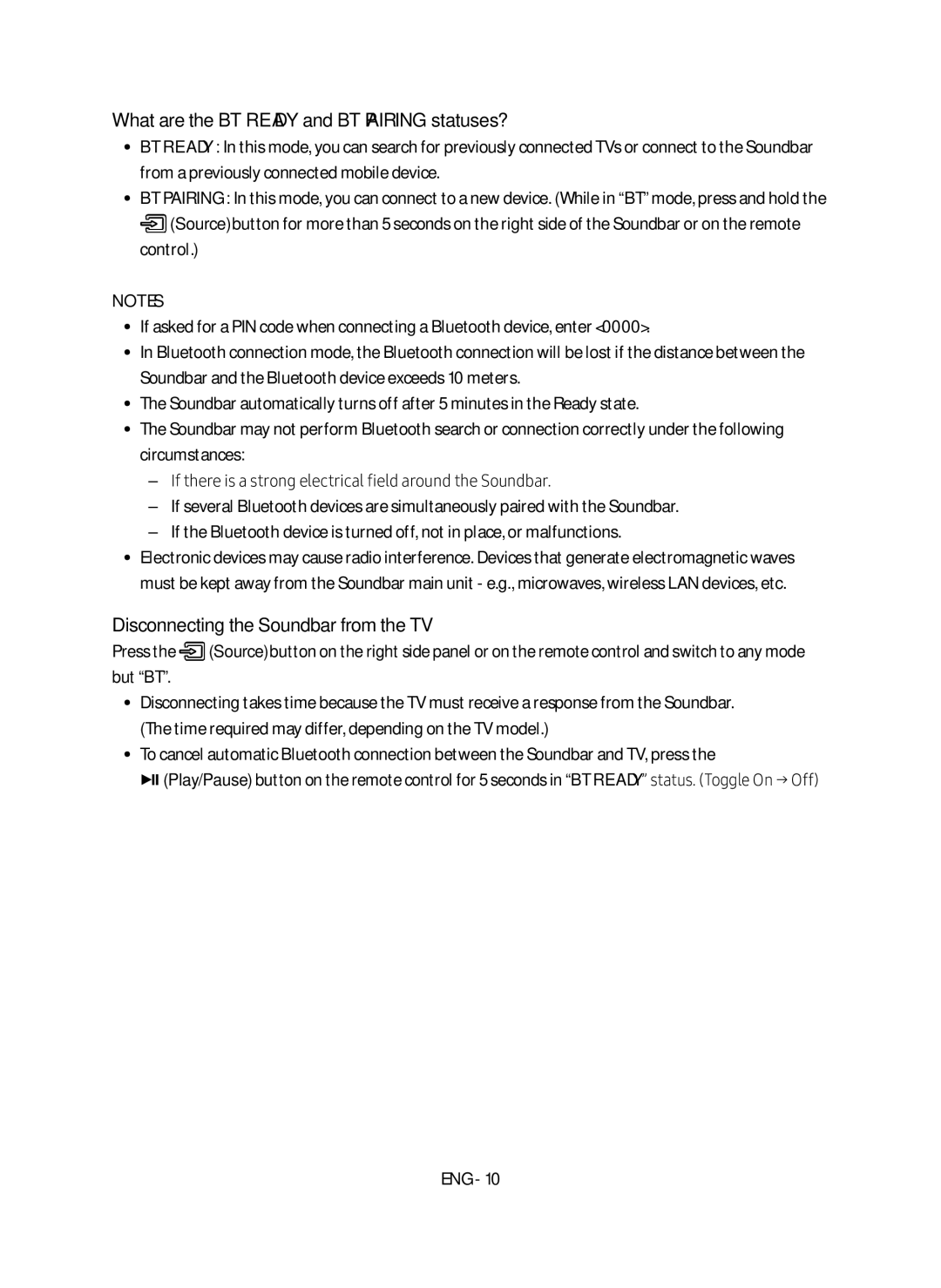 Samsung HW-M460/XE manual What are the BT Ready and BT Pairing statuses?, Disconnecting the Soundbar from the TV 