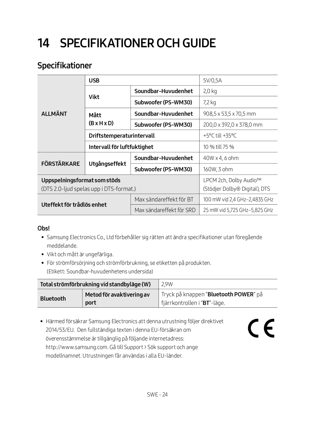 Samsung HW-M460/XE manual Specifikationer och guide, Obs 