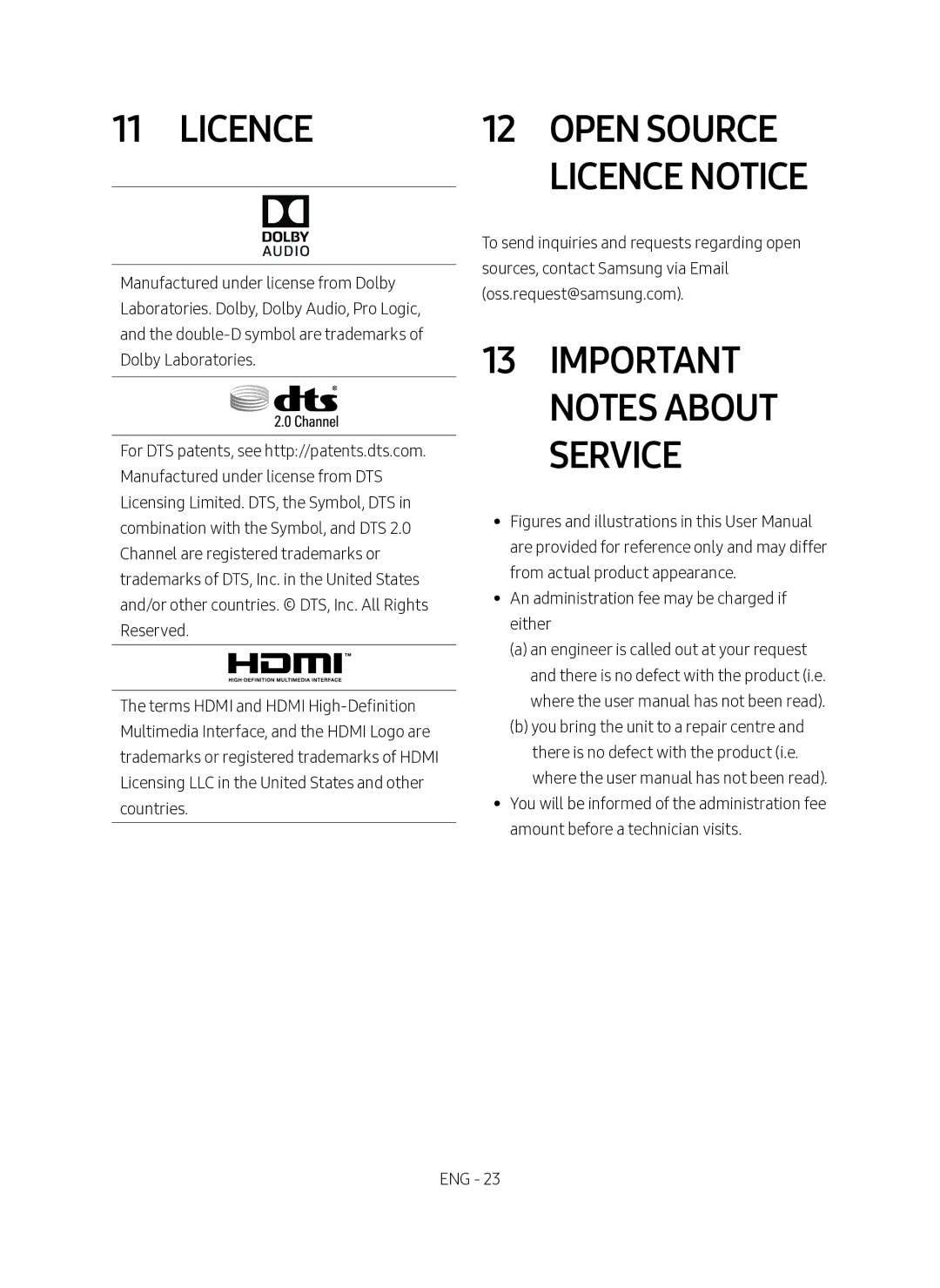 Samsung HW-M460/XE manual Open Source Licence Notice, Important Notes About Service 