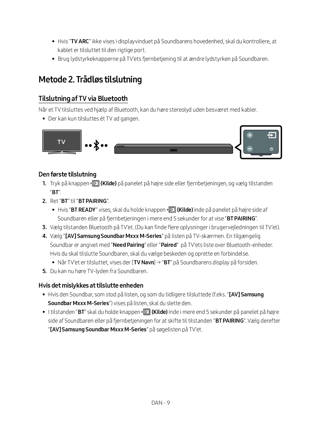 Samsung HW-M460/XE manual Metode 2. Trådløs tilslutning, Tilslutning af TV via Bluetooth, Den første tilslutning 