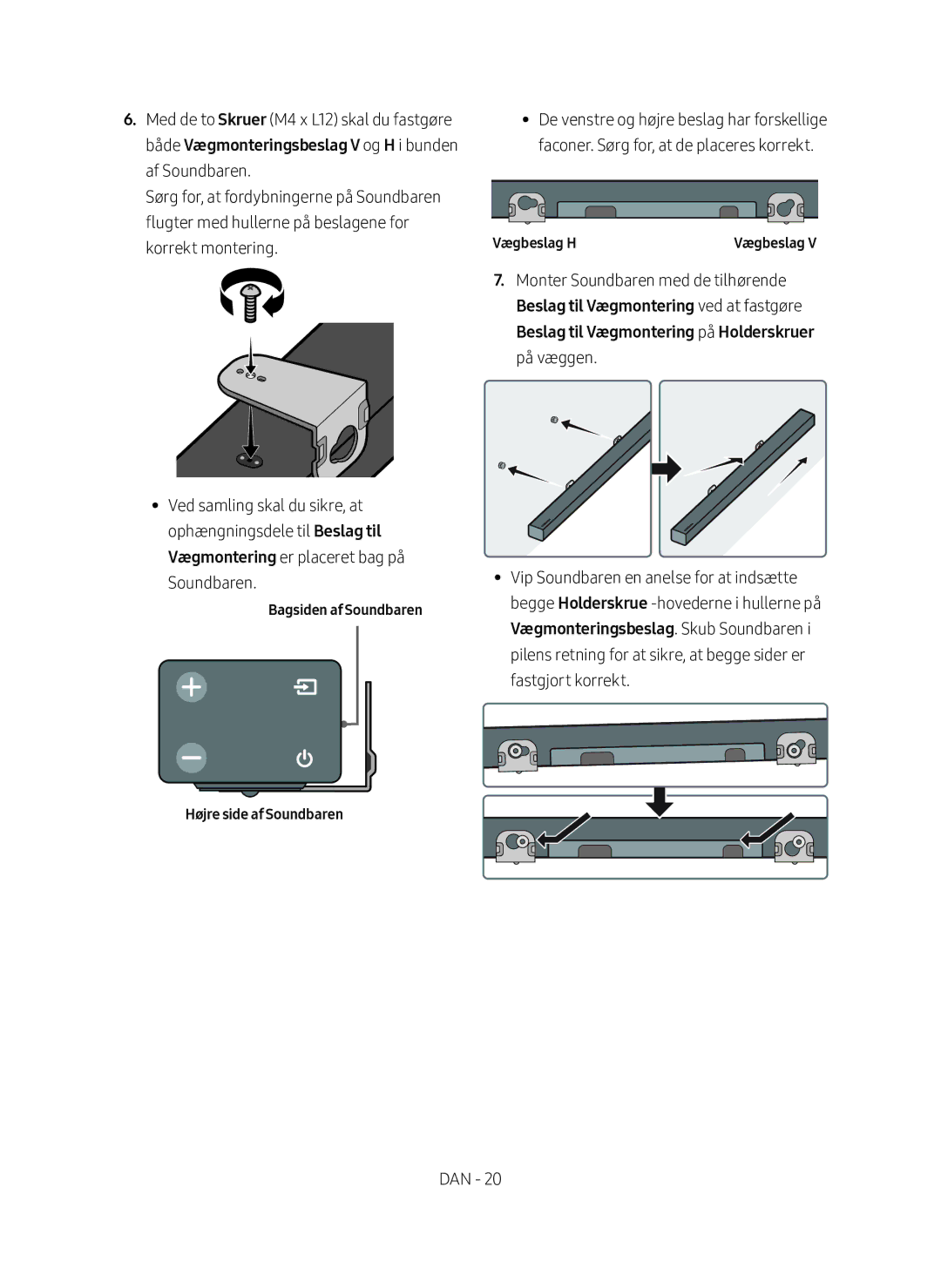 Samsung HW-M460/XE manual Bagsiden af Soundbaren Højre side af Soundbaren, Vægbeslag H 