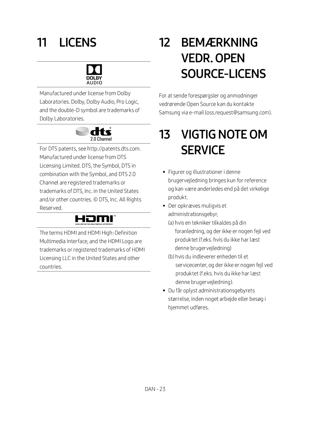 Samsung HW-M460/XE manual Licens, 12 Bemærkning vedr. Open Source-licens, Vigtig note om service 