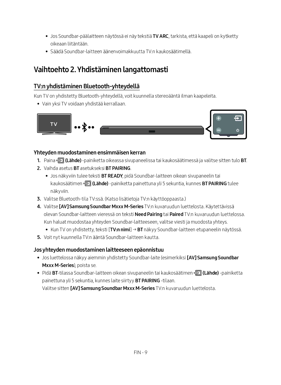 Samsung HW-M460/XE manual Vaihtoehto 2. Yhdistäminen langattomasti, TVn yhdistäminen Bluetooth-yhteydellä 