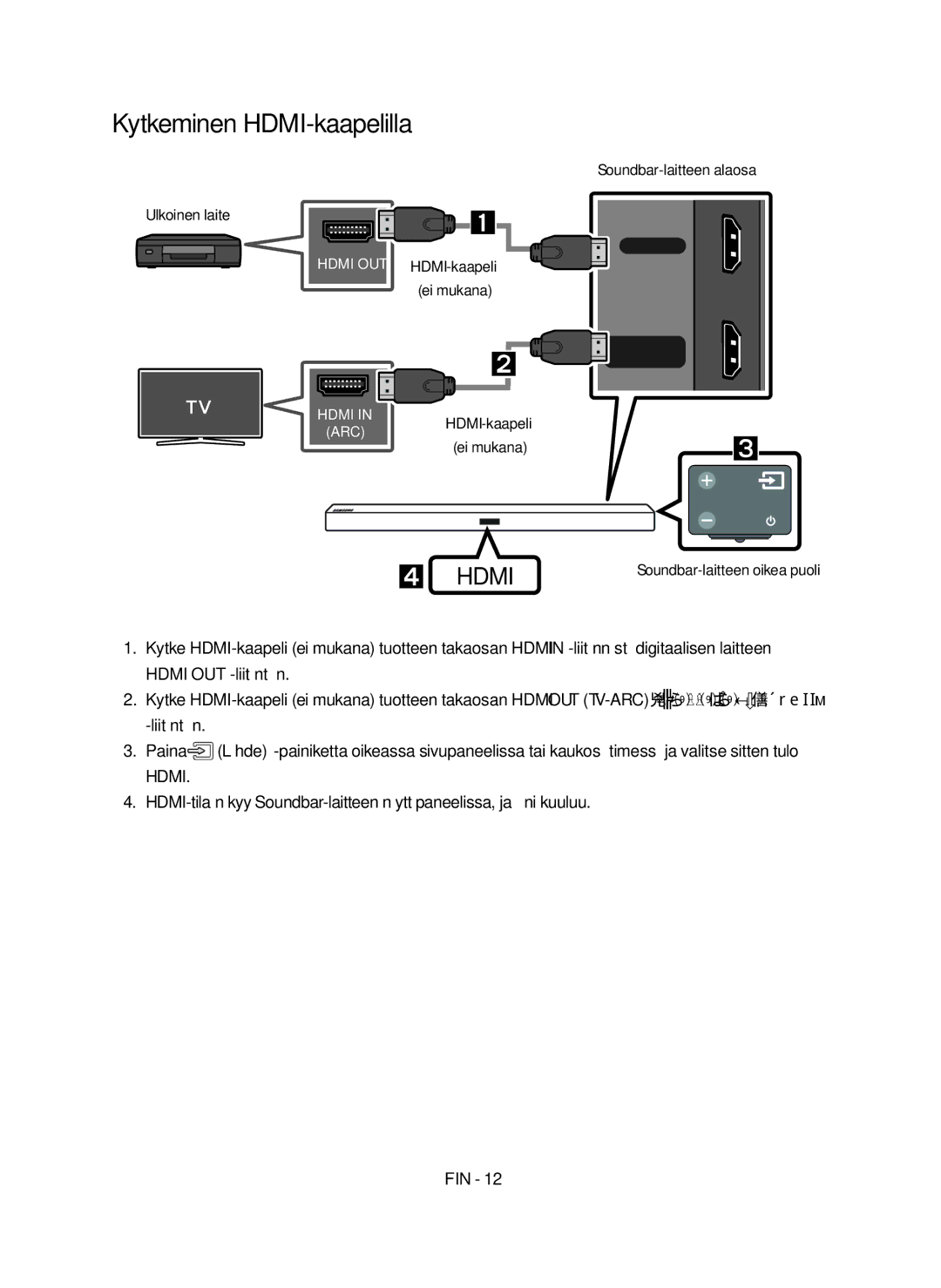 Samsung HW-M460/XE manual Kytkeminen HDMI-kaapelilla, Soundbar-laitteen alaosa Ulkoinen laite 