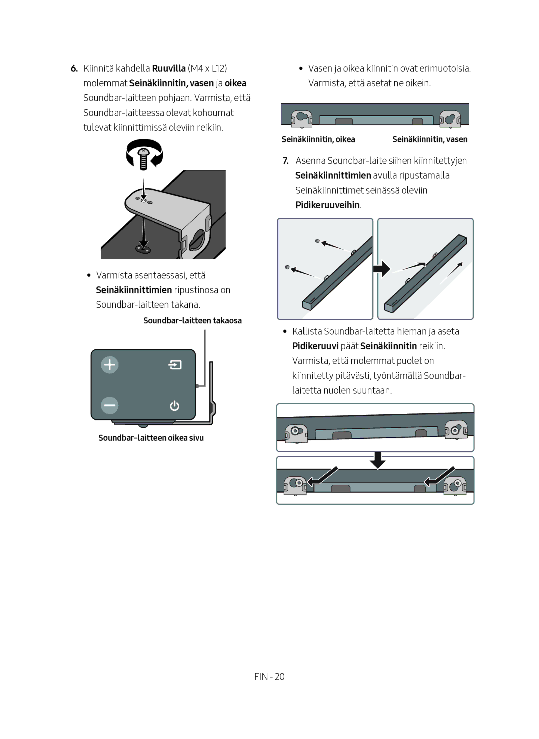 Samsung HW-M460/XE manual Soundbar-laitteen takaosa Soundbar-laitteen oikea sivu, Seinäkiinnitin, oikea 