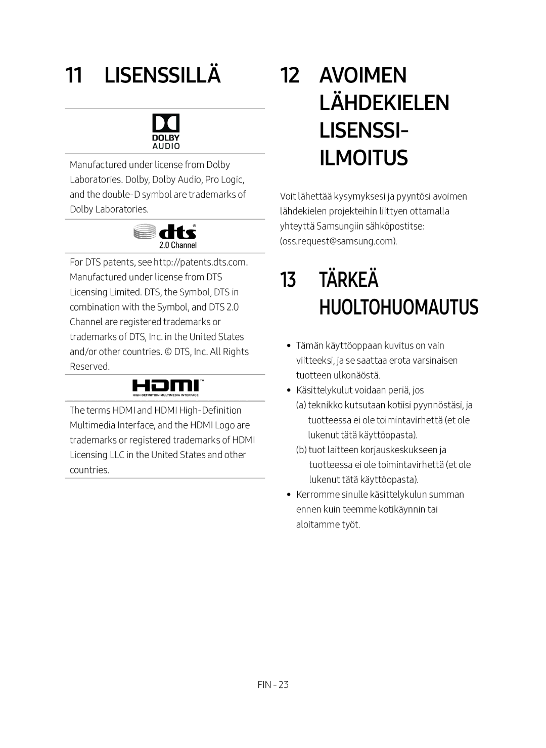 Samsung HW-M460/XE manual Lisenssillä, Avoimen lähdekielen lisenssi- ilmoitus 