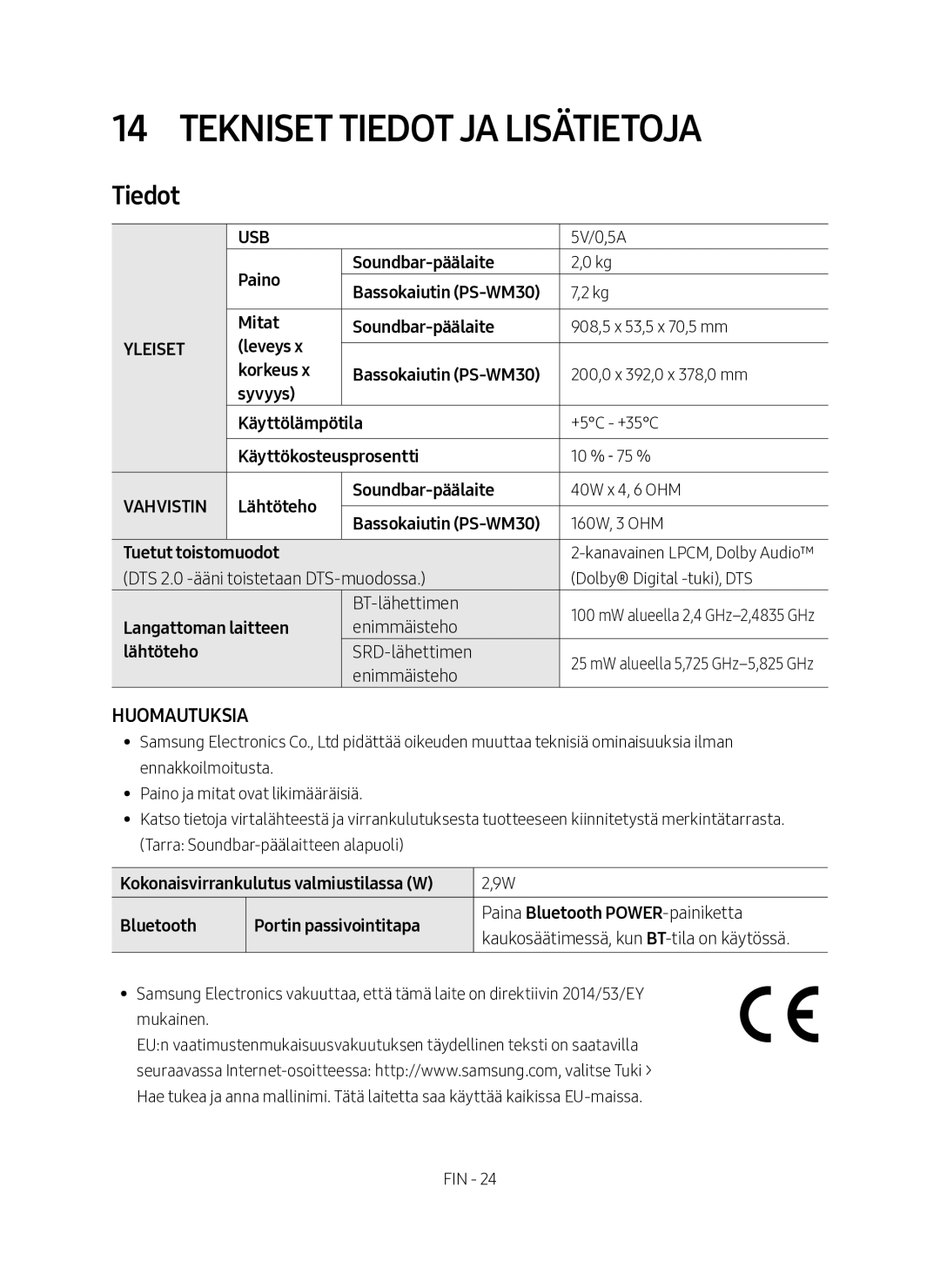 Samsung HW-M460/XE manual Tekniset tiedot ja lisätietoja, Tiedot 