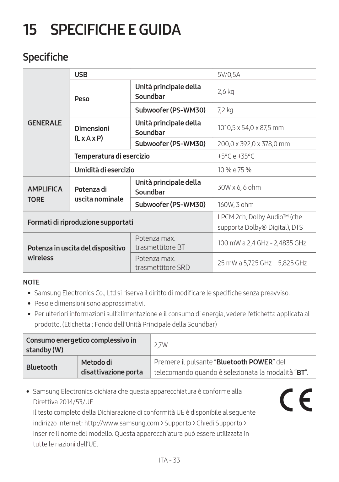 Samsung HW-M550/EN, HW-M550/ZF, HW-M560/XE manual Specifiche E Guida 