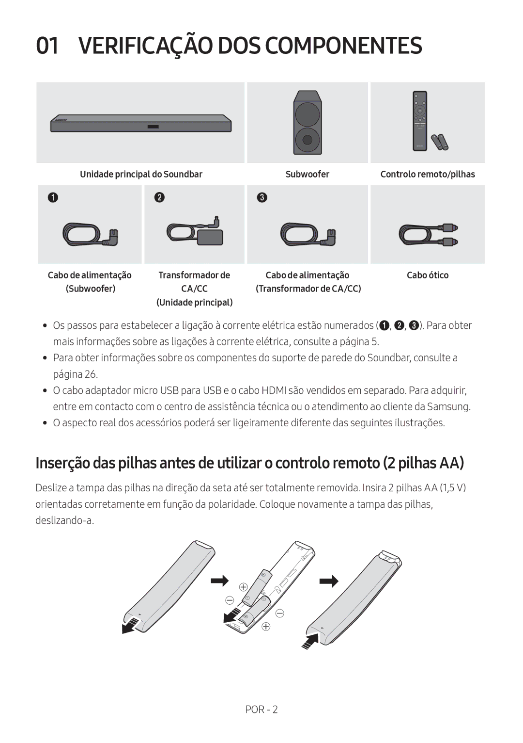 Samsung HW-M550/EN, HW-M550/ZF, HW-M560/XE manual Verificação DOS Componentes, Unidade principal do Soundbar Subwoofer 