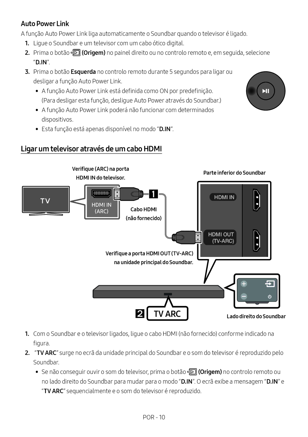 Samsung HW-M560/XE, HW-M550/EN Ligar um televisor através de um cabo Hdmi, Verifique ARC na porta Hdmi in do televisor 