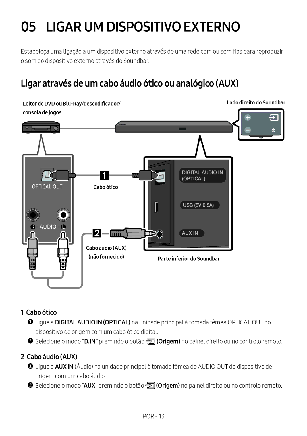 Samsung HW-M560/XE manual Ligar UM Dispositivo Externo, Ligar através de um cabo áudio ótico ou analógico AUX, Cabo ótico 