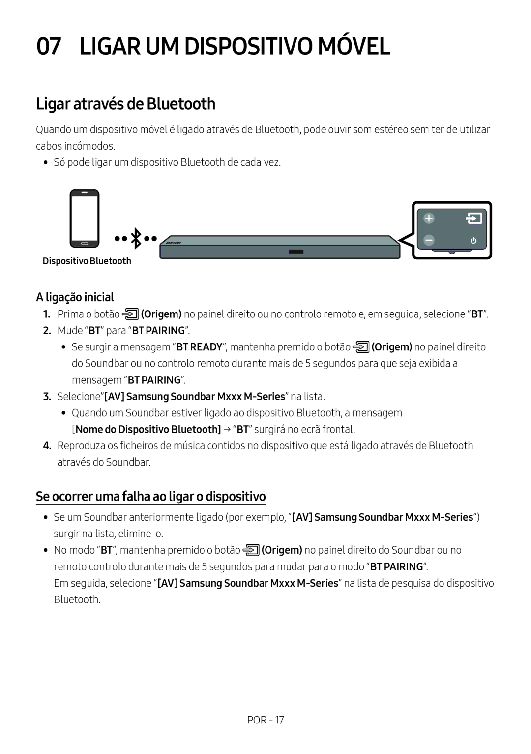 Samsung HW-M550/EN Ligar UM Dispositivo Móvel, Ligar através de Bluetooth, Se ocorrer uma falha ao ligar o dispositivo 