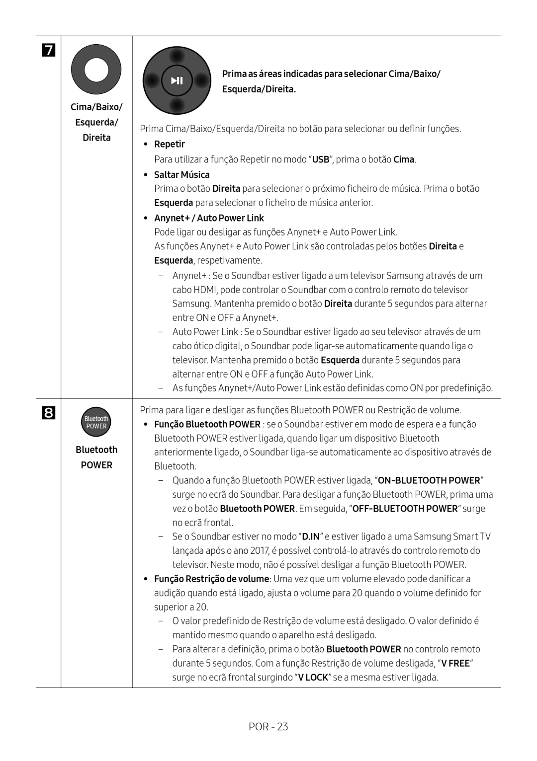 Samsung HW-M550/EN, HW-M550/ZF Prima as áreas indicadas para selecionar Cima/Baixo, Cima/Baixo Esquerda/Direita, Repetir 