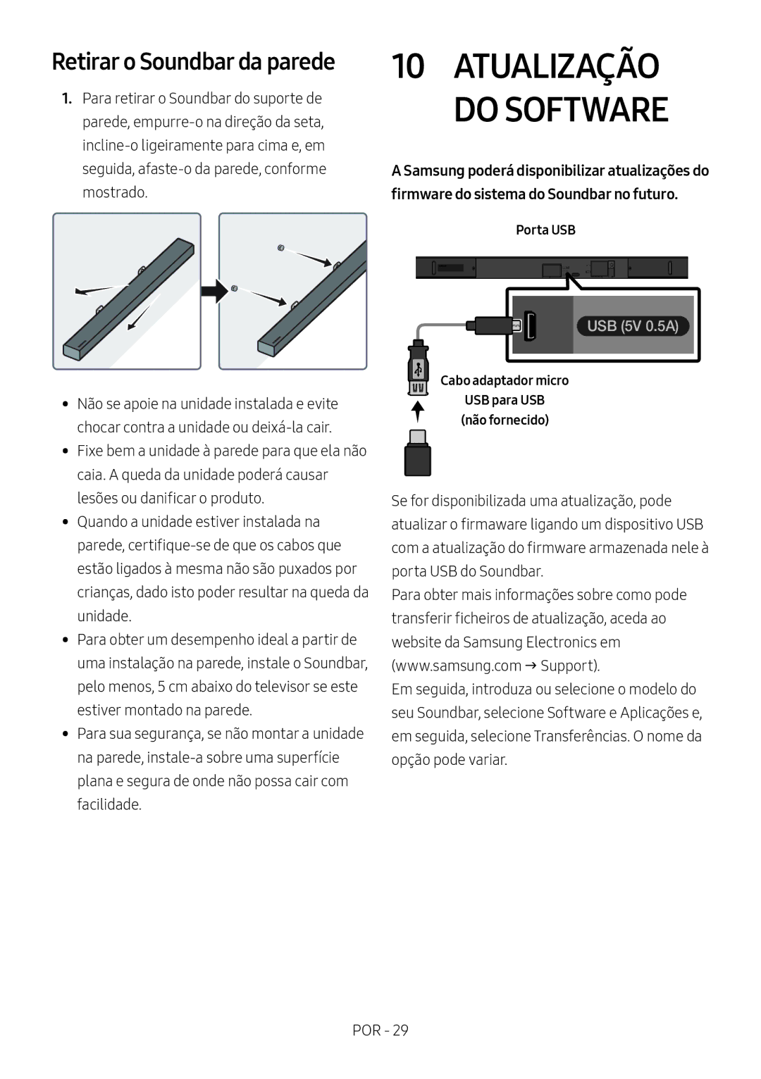 Samsung HW-M550/EN, HW-M550/ZF, HW-M560/XE manual Retirar o Soundbar da parede, Cabo adaptador micro 