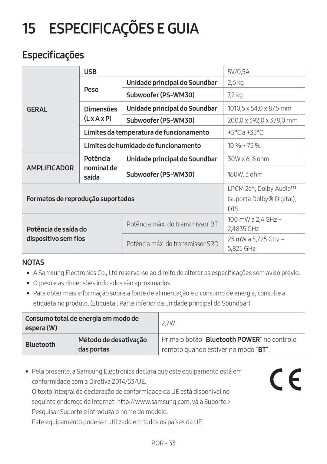 Samsung HW-M550/ZF, HW-M550/EN, HW-M560/XE manual Especificações E Guia 