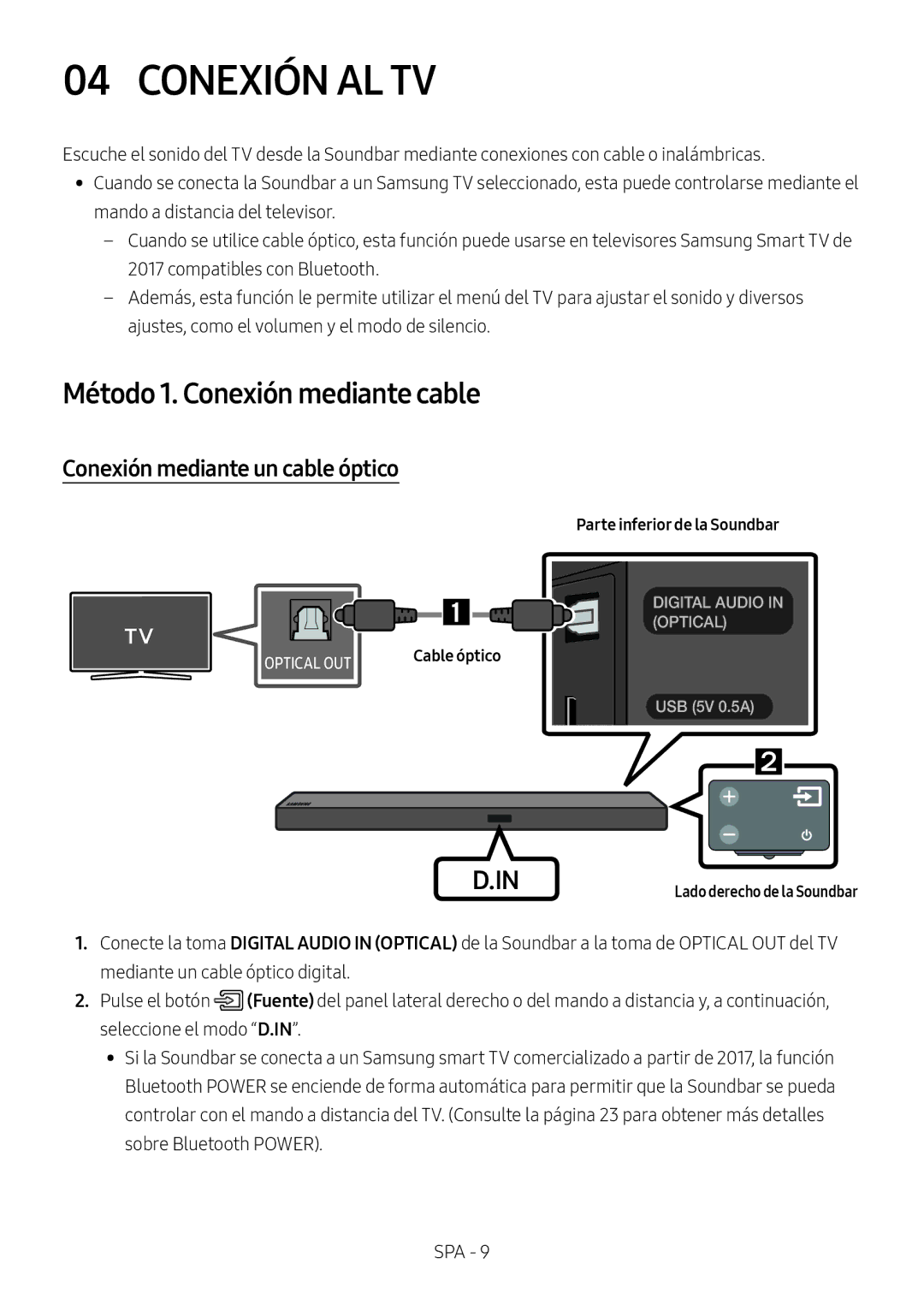 Samsung HW-M560/XE, HW-M550/EN manual Conexión AL TV, Método 1. Conexión mediante cable, Conexión mediante un cable óptico 