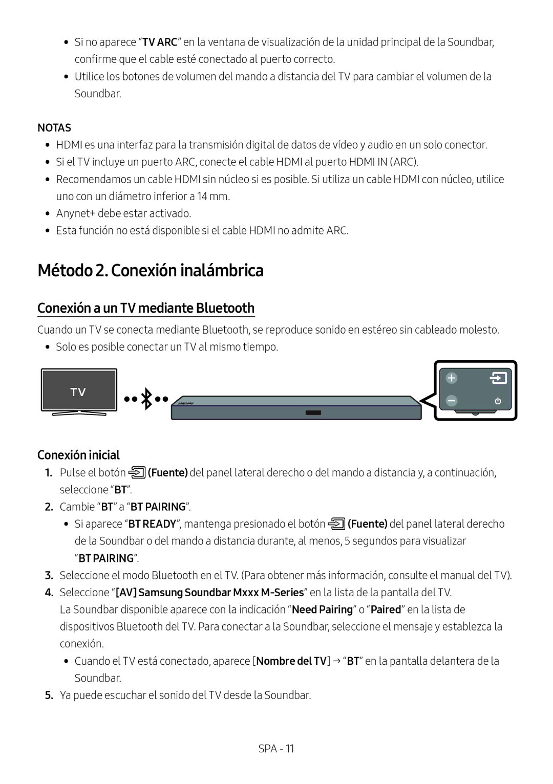 Samsung HW-M550/ZF manual Método 2. Conexión inalámbrica, Conexión a un TV mediante Bluetooth, Conexión inicial, BT Pairing 