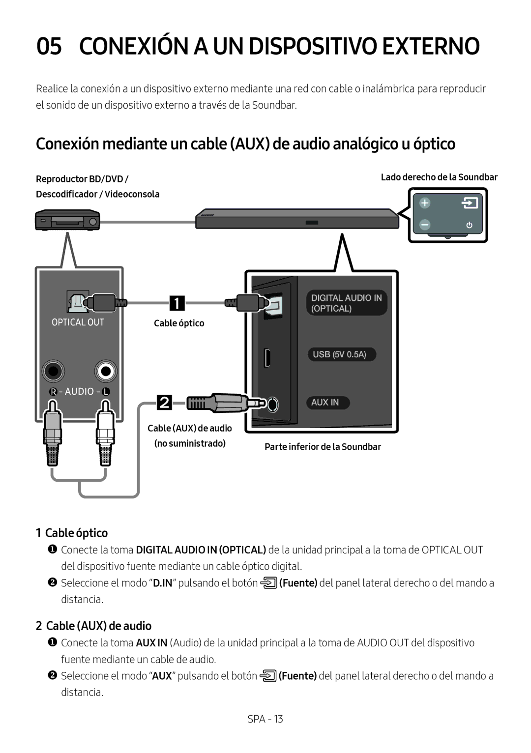 Samsung HW-M550/EN manual Conexión mediante un cable AUX de audio analógico u óptico, Cable óptico, Cable AUX de audio 