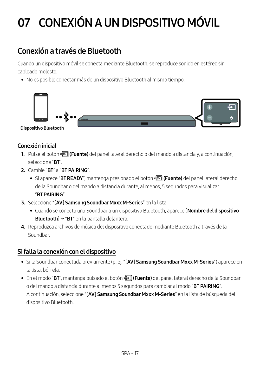 Samsung HW-M550/ZF, HW-M550/EN, HW-M560/XE manual Conexión a UN Dispositivo Móvil, Conexión a través de Bluetooth 