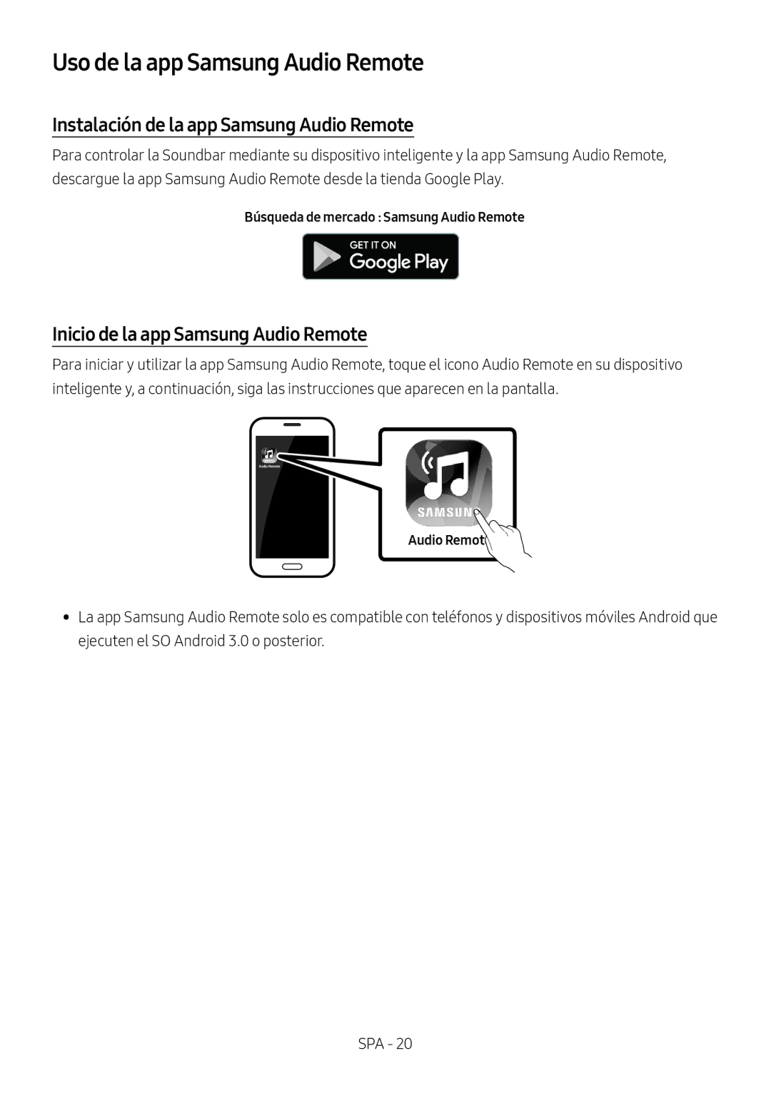 Samsung HW-M550/ZF, HW-M550/EN, HW-M560/XE Uso de la app Samsung Audio Remote, Instalación de la app Samsung Audio Remote 