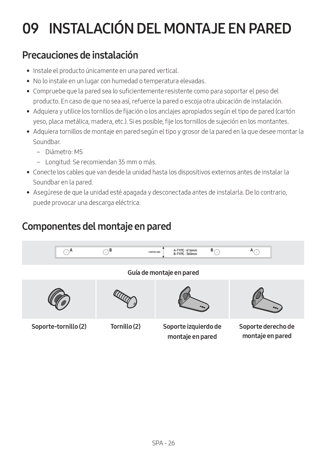 Samsung HW-M550/ZF, HW-M550/EN, HW-M560/XE manual Precauciones de instalación, Componentes del montaje en pared 