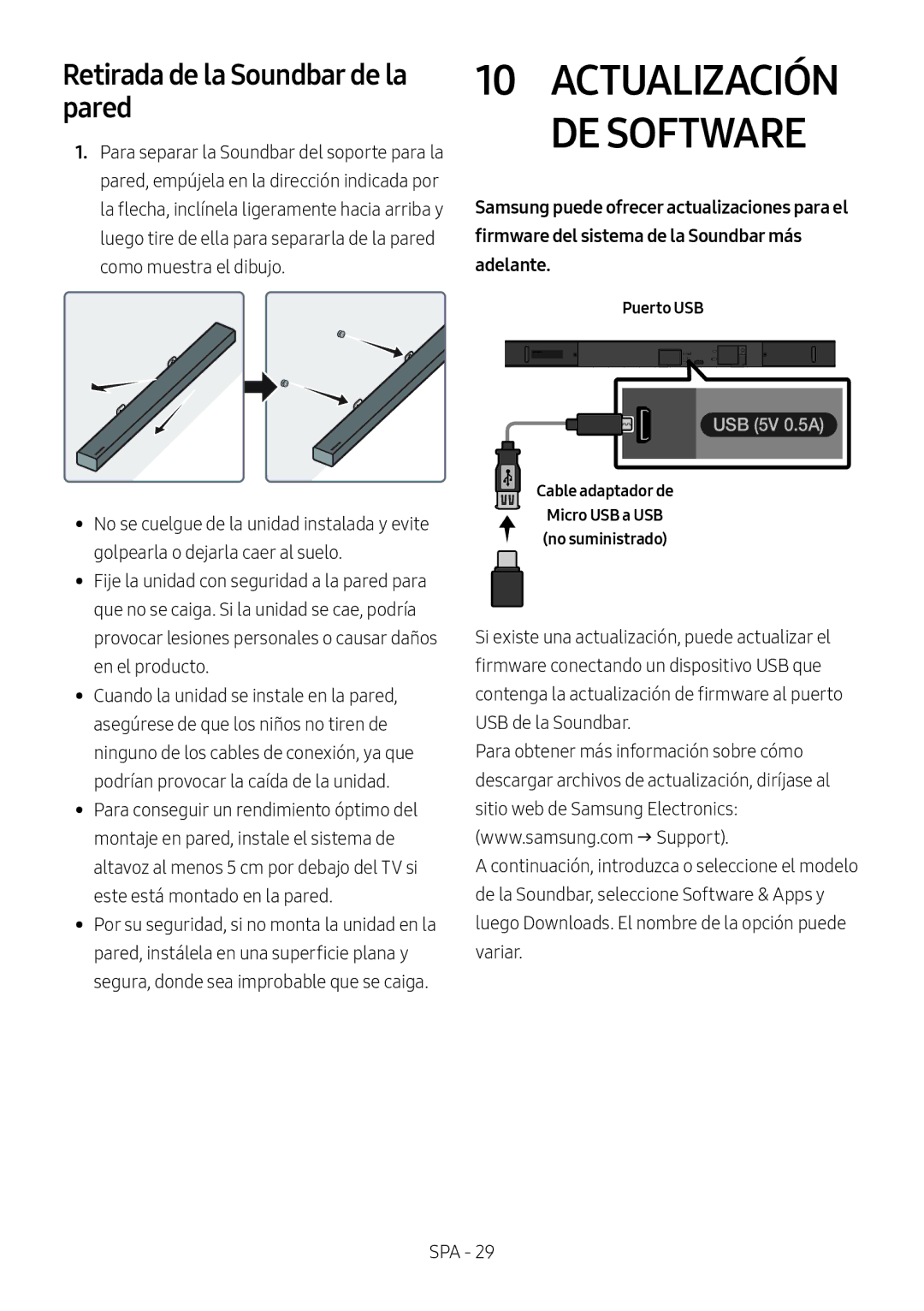 Samsung HW-M550/ZF, HW-M550/EN, HW-M560/XE manual Retirada de la Soundbar de la pared, Puerto USB 