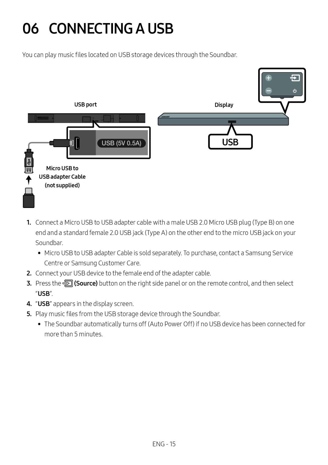 Samsung HW-M550/ZF, HW-M550/EN, HW-M560/XE Connecting a USB, USB port Display, Micro USB to USB adapter Cable Not supplied 