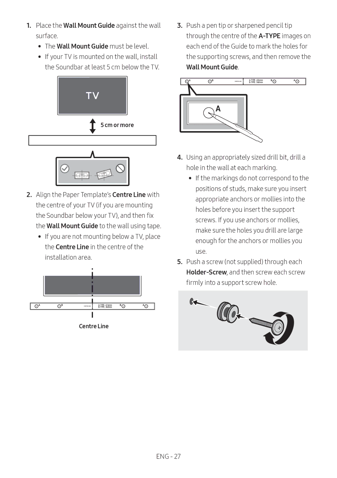 Samsung HW-M550/ZF, HW-M550/EN, HW-M560/XE manual Wall Mount Guide, Cm or more, Centre Line 