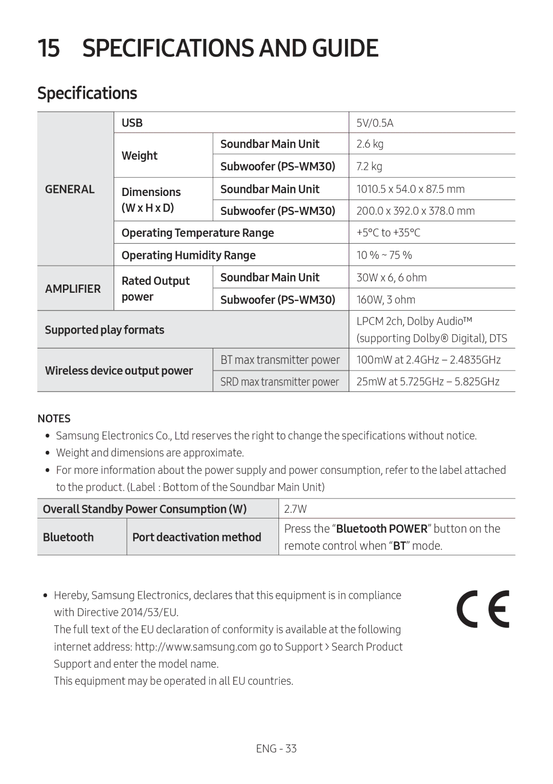 Samsung HW-M550/ZF, HW-M550/EN, HW-M560/XE manual Specifications and Guide 