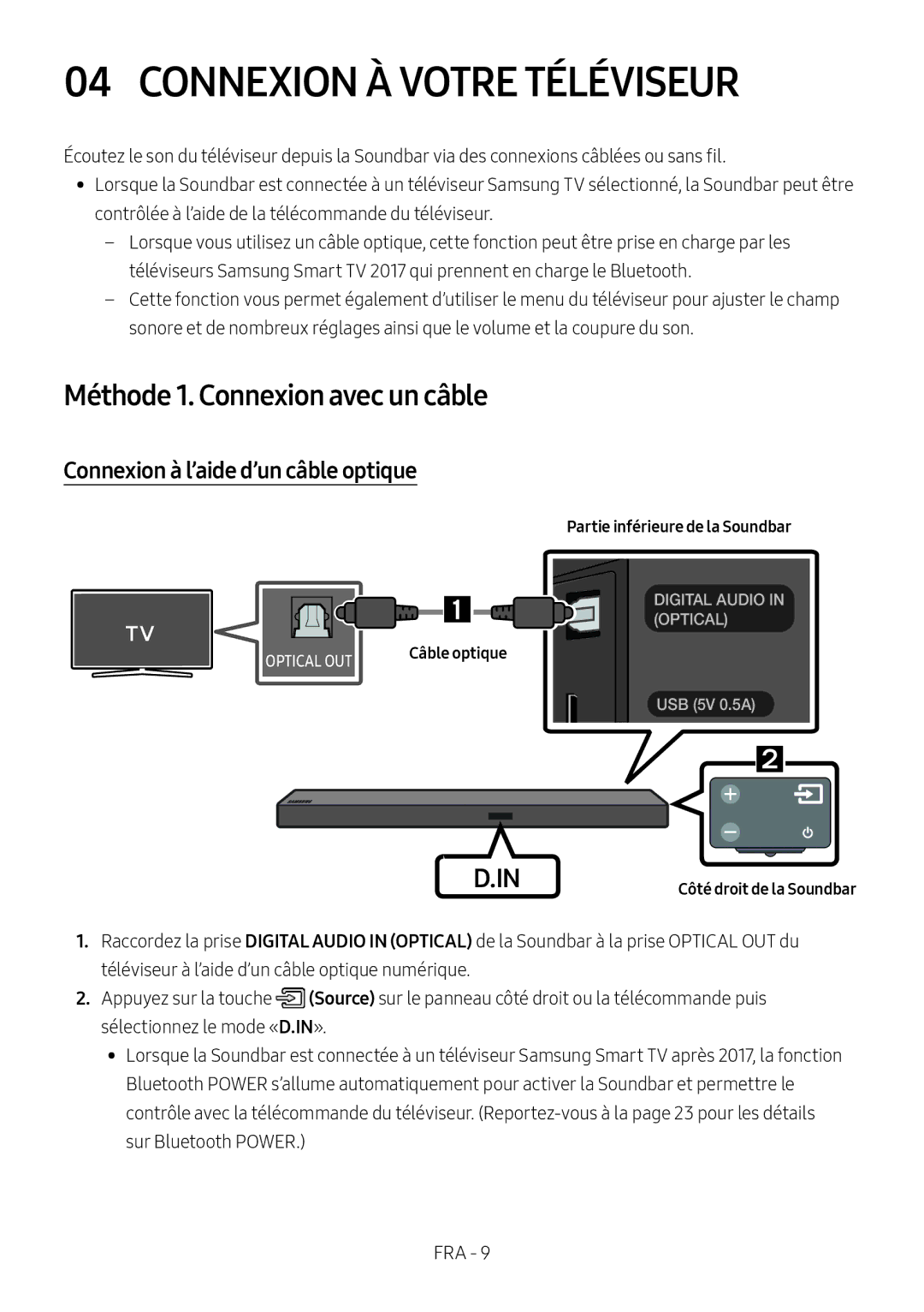 Samsung HW-M560/XE Connexion À Votre Téléviseur, Méthode 1. Connexion avec un câble, Connexion à l’aide d’un câble optique 