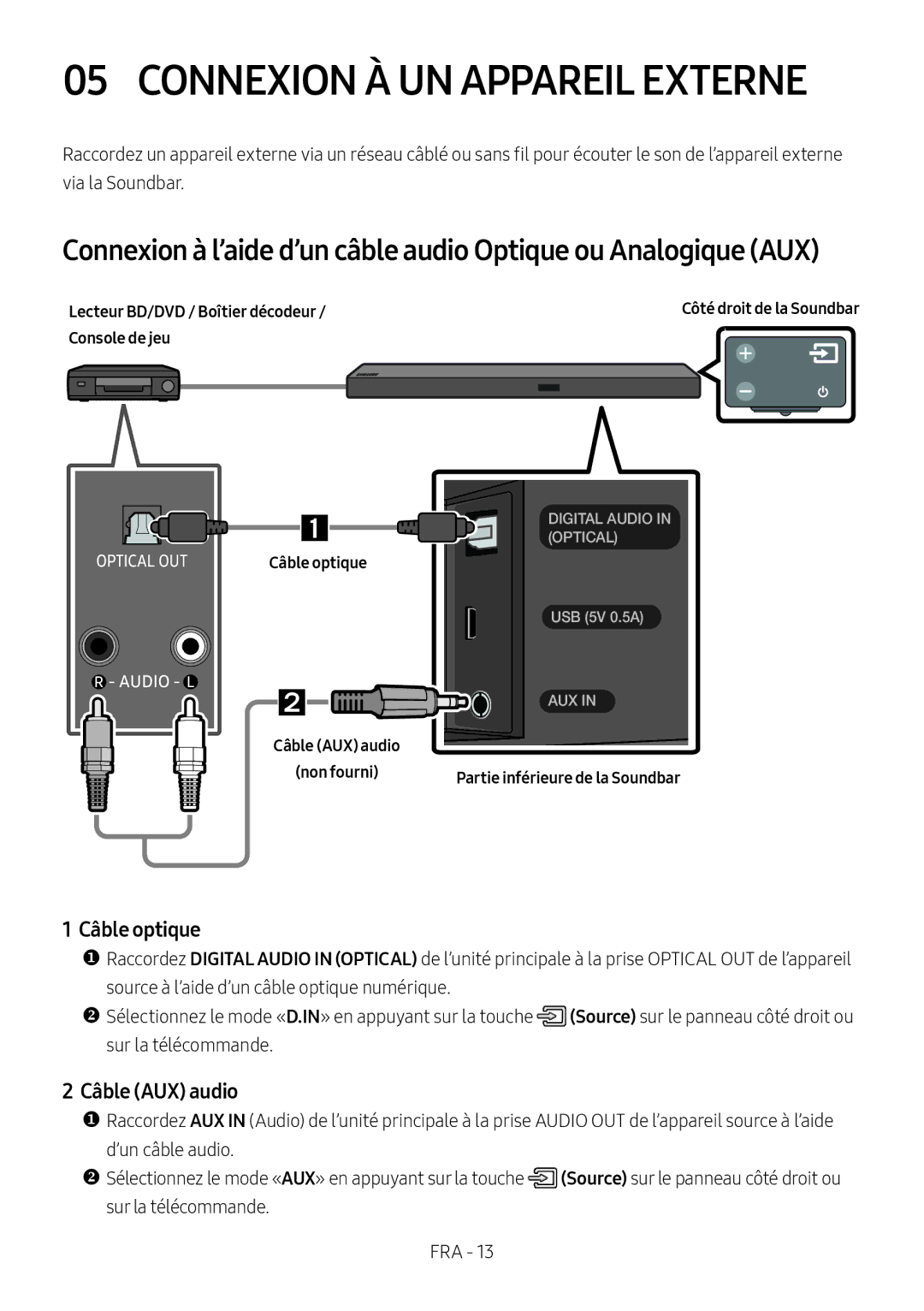 Samsung HW-M550/EN, HW-M550/ZF, HW-M560/XE manual Connexion À UN Appareil Externe, Câble optique, Câble AUX audio 