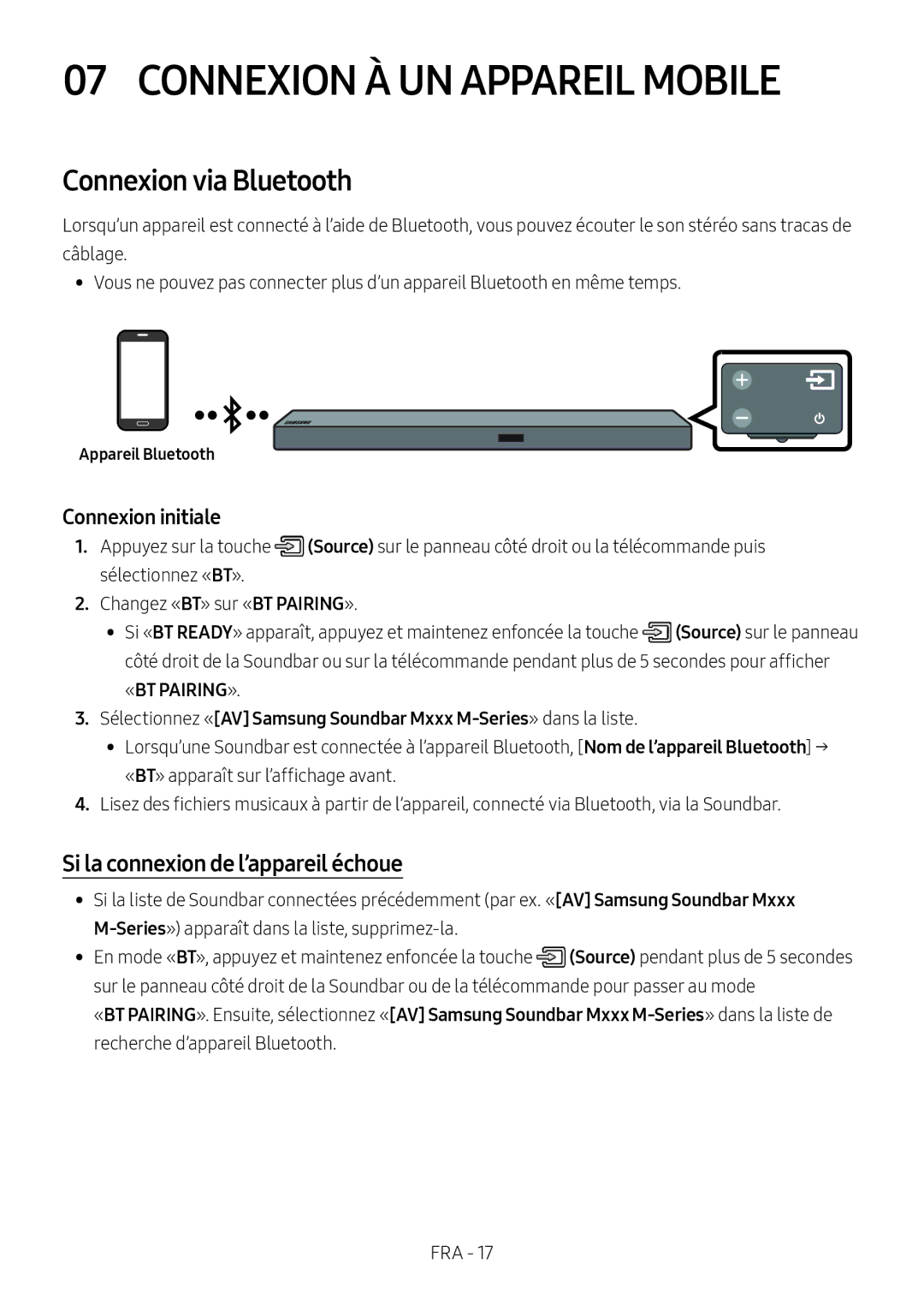 Samsung HW-M550/ZF manual Connexion À UN Appareil Mobile, Connexion via Bluetooth, Si la connexion de l’appareil échoue 