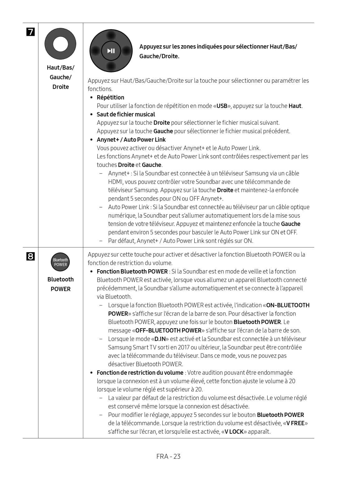 Samsung HW-M550/ZF, HW-M550/EN manual Haut/Bas Gauche/Droite, Répétition, Saut de fichier musical, Touches Droite et Gauche 