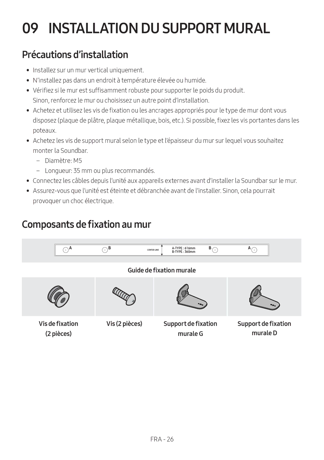 Samsung HW-M550/ZF manual Installation DU Support Mural, Précautions d’installation, Composants de fixation au mur, Pièces 