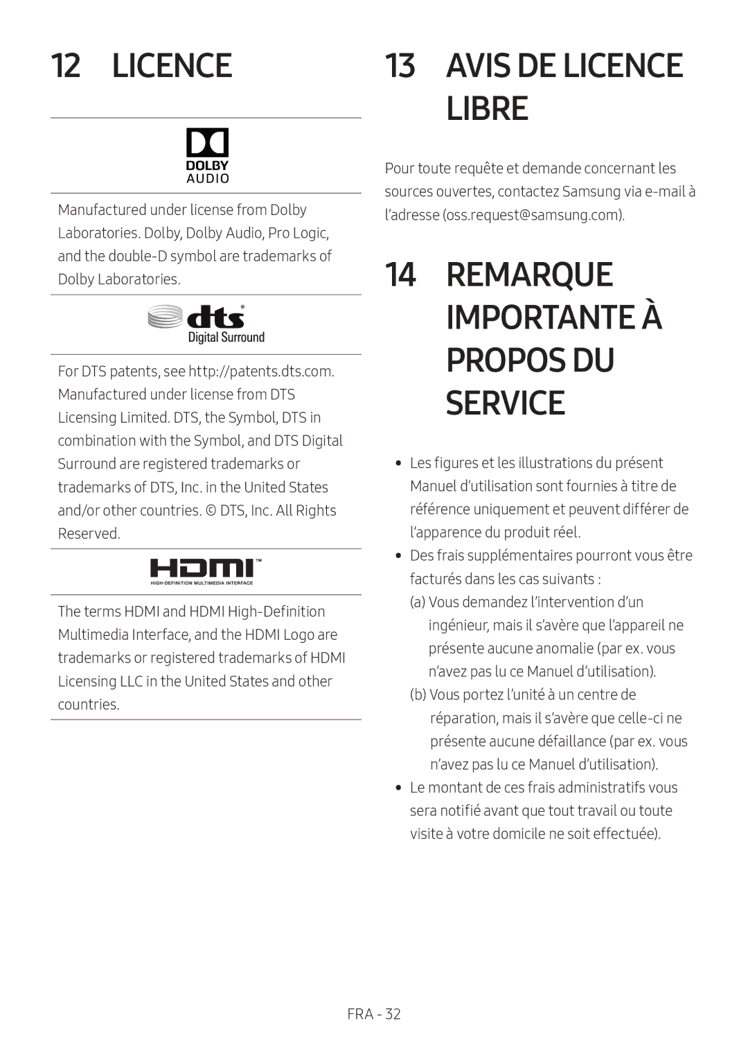 Samsung HW-M550/ZF, HW-M550/EN, HW-M560/XE manual Remarque Importante À Propos DU Service, Avis DE Licence Libre 