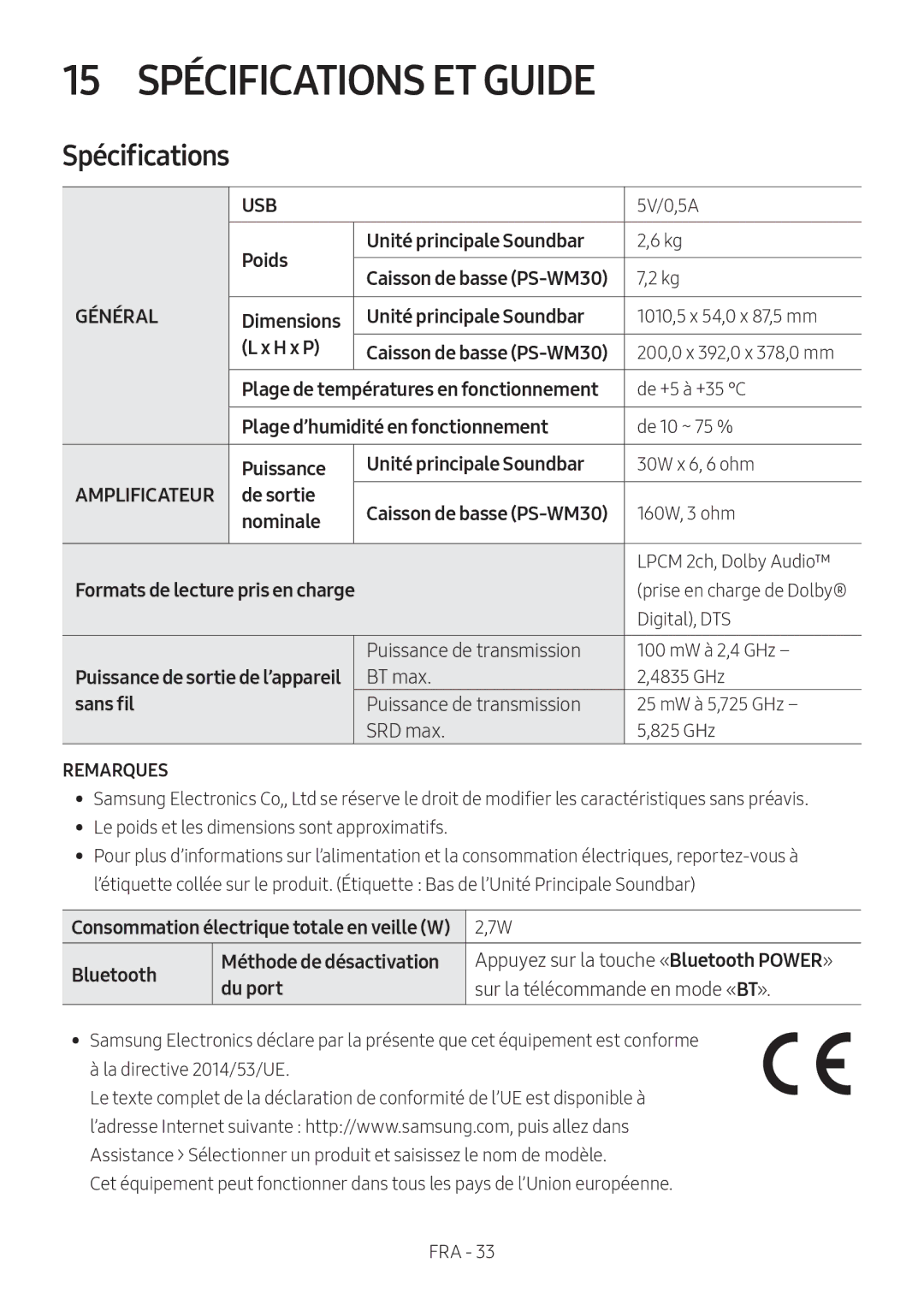 Samsung HW-M560/XE, HW-M550/EN, HW-M550/ZF manual 15 Spécifications ET Guide 