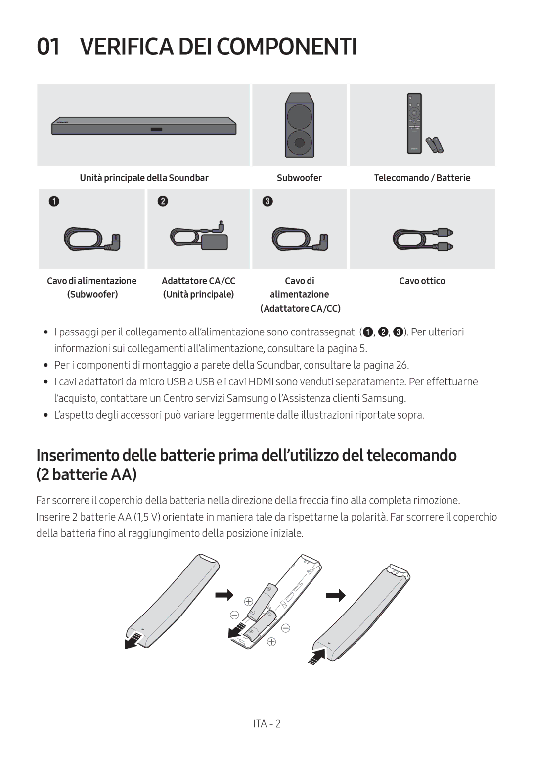 Samsung HW-M560/XE, HW-M550/EN, HW-M550/ZF manual Verifica DEI Componenti, Unità principale della Soundbar Subwoofer 