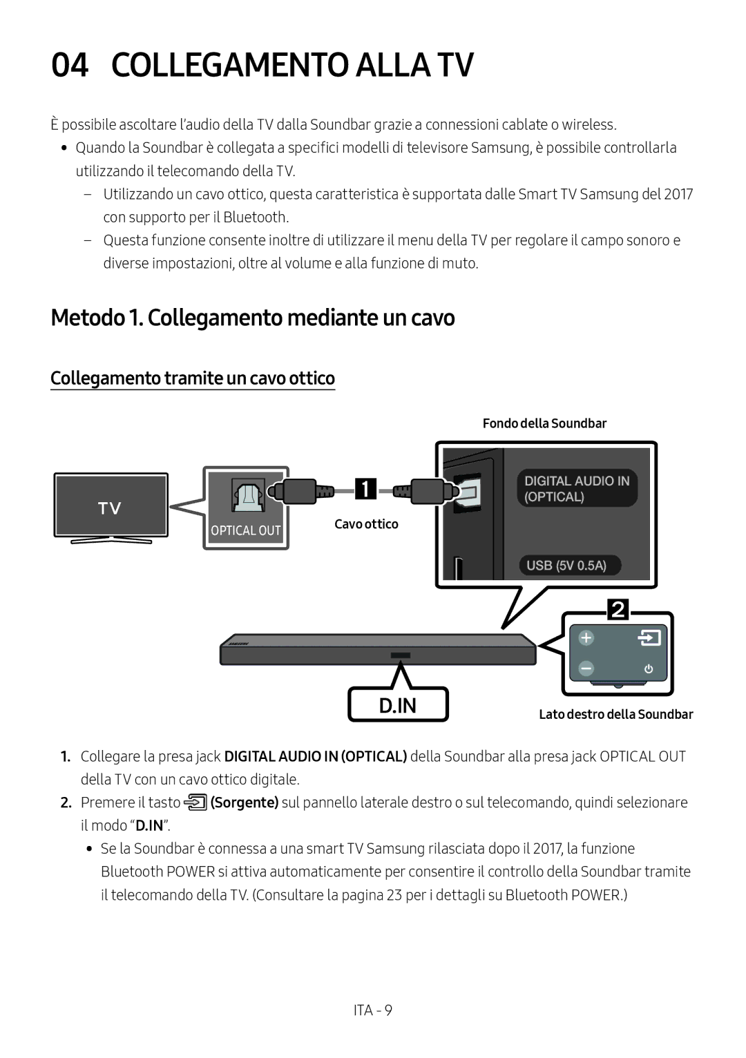 Samsung HW-M550/EN Collegamento Alla TV, Metodo 1. Collegamento mediante un cavo, Collegamento tramite un cavo ottico 