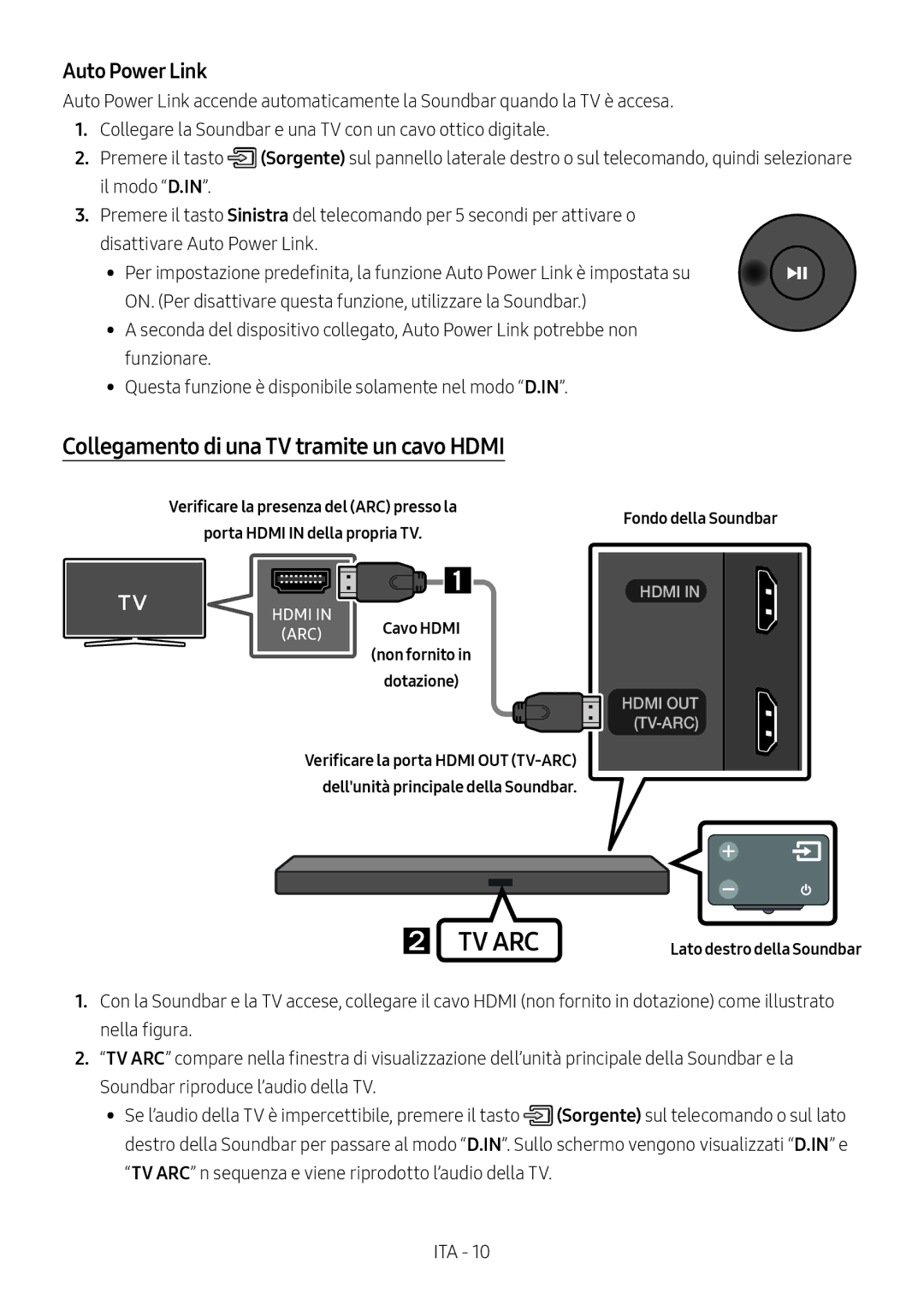 Samsung HW-M550/ZF, HW-M550/EN, HW-M560/XE Collegamento di una TV tramite un cavo Hdmi, ARC Cavo Hdmi non fornito Dotazione 