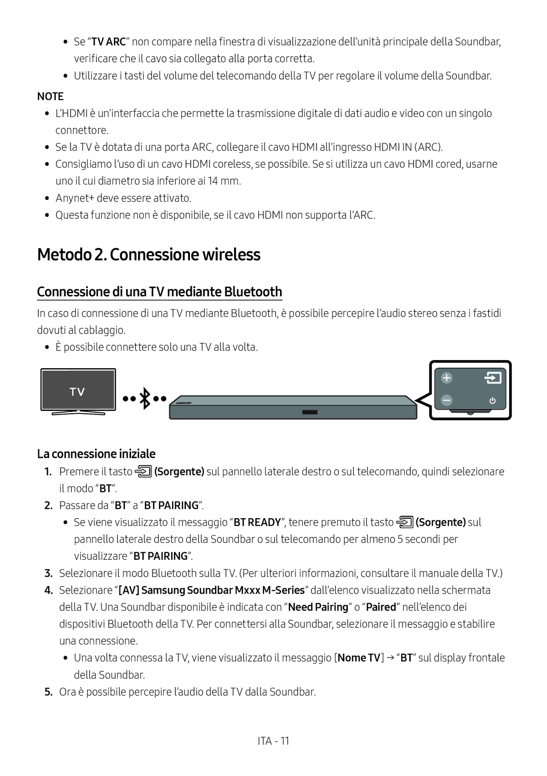 Samsung HW-M560/XE manual Metodo 2. Connessione wireless, Connessione di una TV mediante Bluetooth, La connessione iniziale 