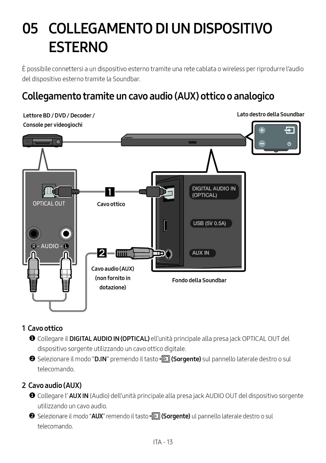 Samsung HW-M550/ZF manual Collegamento DI UN Dispositivo Esterno, Collegamento tramite un cavo audio AUX ottico o analogico 