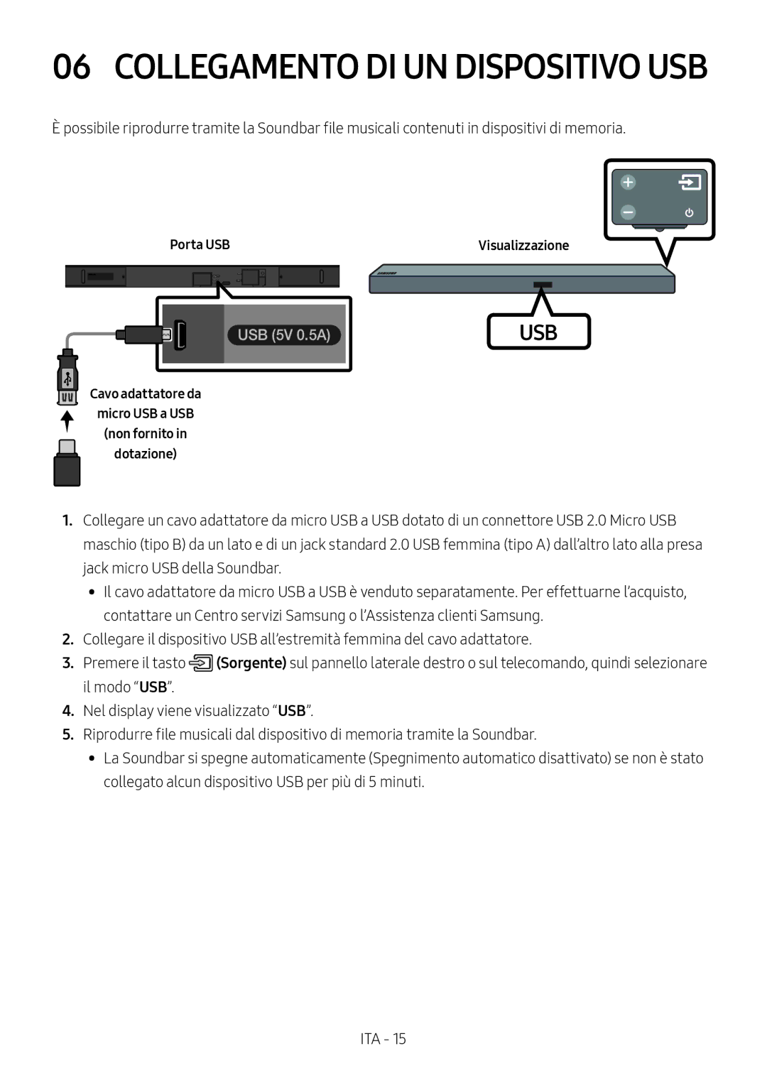 Samsung HW-M550/EN, HW-M550/ZF manual Porta USB Visualizzazione, Cavo adattatore da Micro USB a USB Non fornito Dotazione 