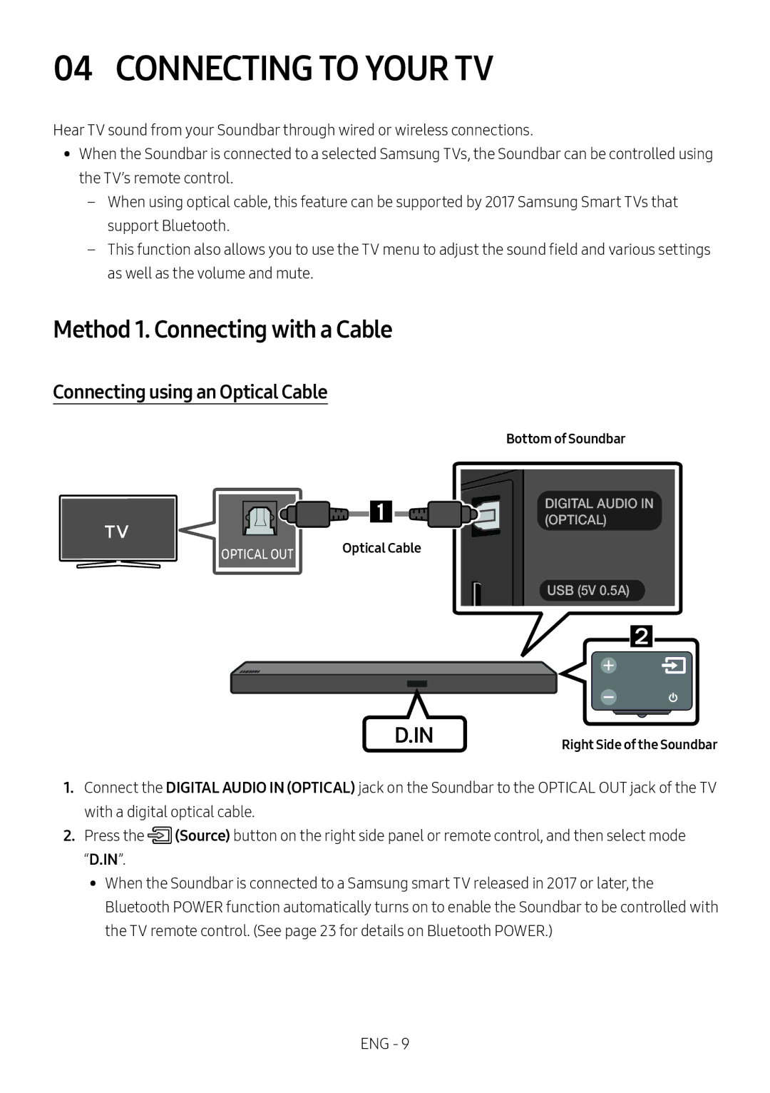 Samsung HW-M550/ZF, HW-M550/EN Connecting to Your TV, Method 1. Connecting with a Cable, Connecting using an Optical Cable 