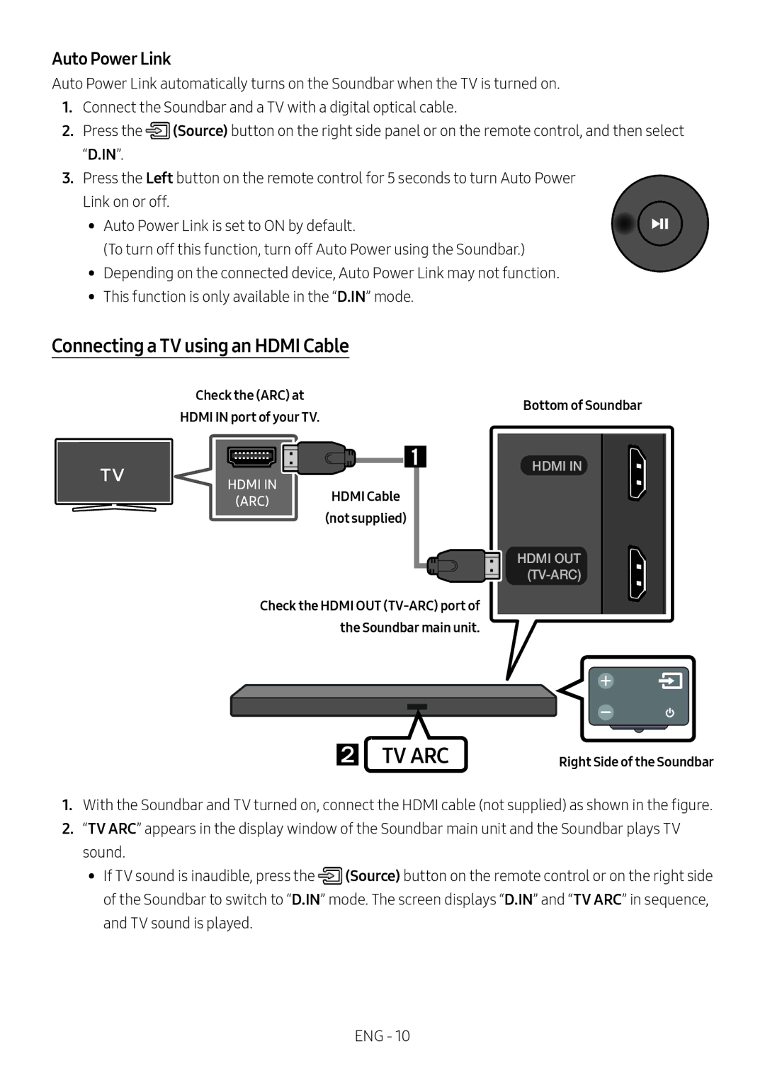 Samsung HW-M560/XE manual Connecting a TV using an Hdmi Cable, Auto Power Link, Check the ARC at Hdmi in port of your TV 