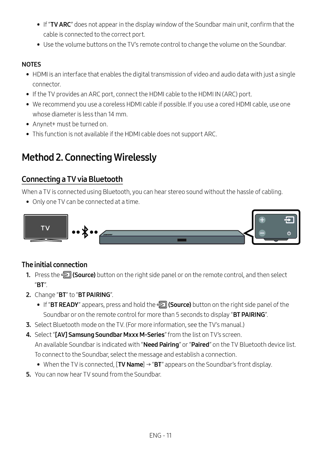 Samsung HW-M550/EN, HW-M550/ZF manual Method 2. Connecting Wirelessly, Connecting a TV via Bluetooth, Initial connection 