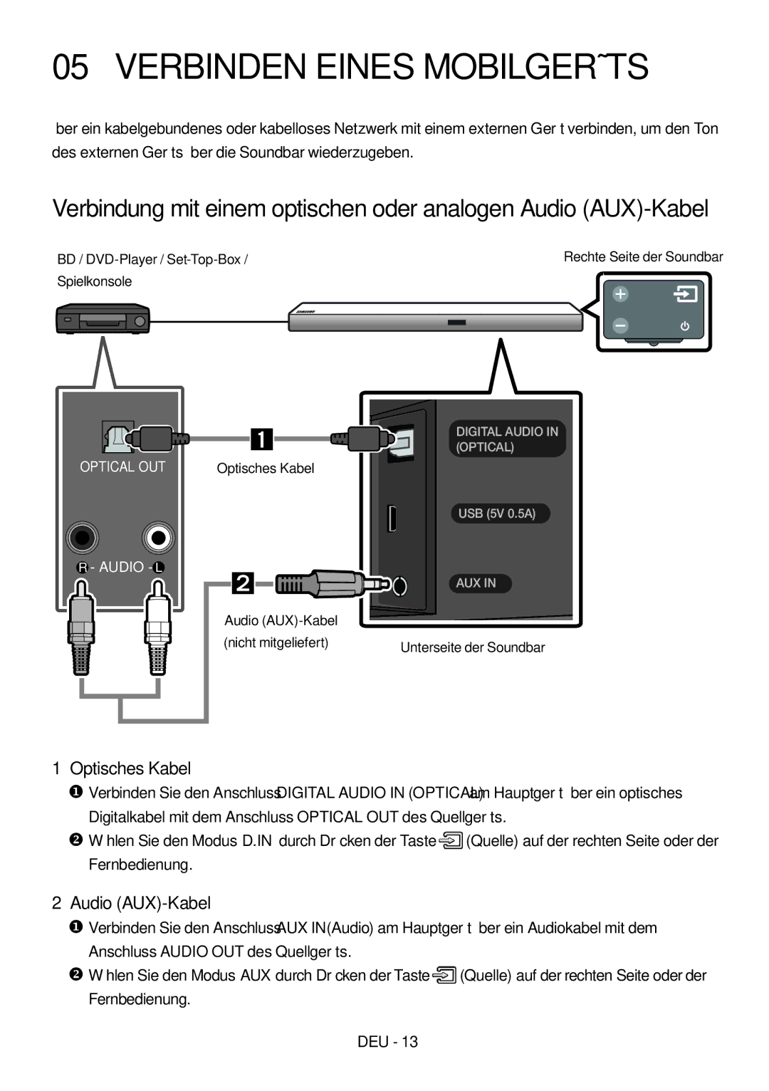 Samsung HW-M550/EN, HW-M550/ZF, HW-M560/XE manual Verbinden Eines Mobilgeräts, Optisches Kabel, Audio AUX-Kabel 